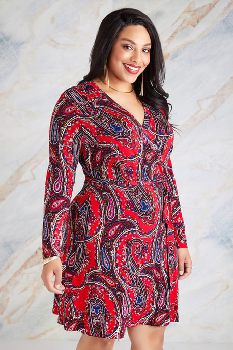 Red Plus Size Paisley Print Wrap Dress