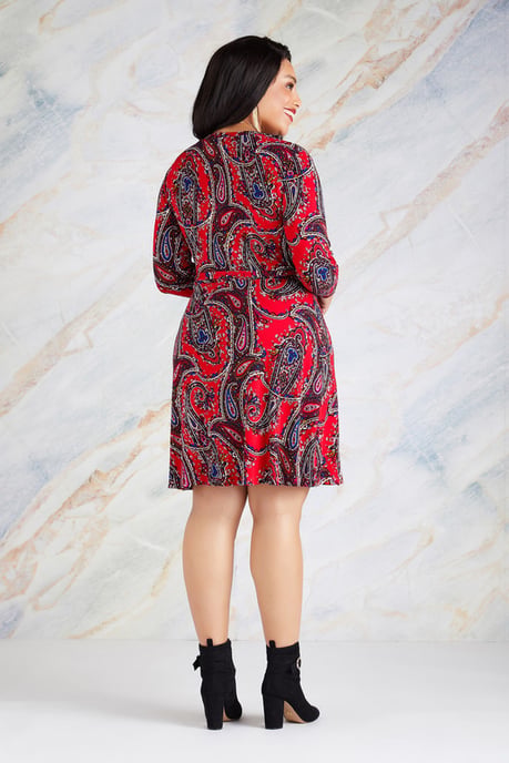 Red Plus Size Paisley Print Wrap Dress