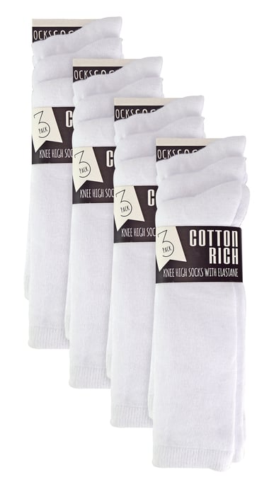 12 Paar Multipack Mädchen Kniestrümpfe | Atmungsaktive lange Baumwolle Schule Socken | Farbe Option - Grau, Schwarz, Weiß, Blau - Weiß - Image 2