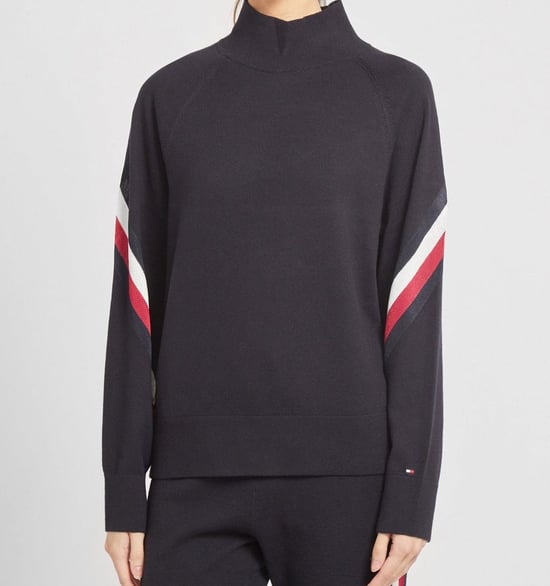 Tommy Hilfiger Womens Global Stripe Knitted Mock Neck Sweater - Desert Sky