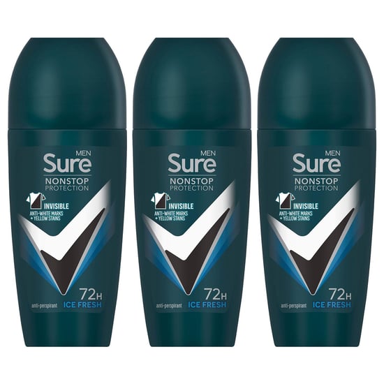 Sure Men Anti-Perspirant Roll On 72H Nonstop Protection Ice Fresh 50ml, 3 Pack