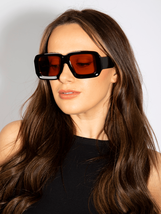 Oversized Square Frame Sunglasses In Black with Orange Lenses