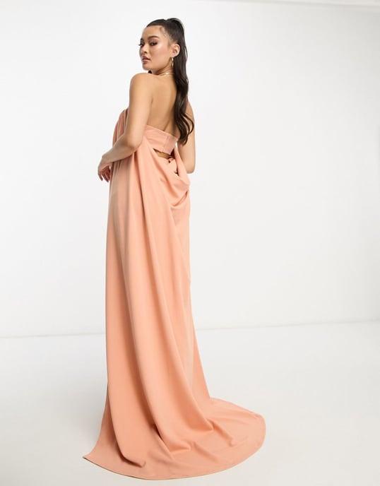 ASOS DESIGN premium bardot cape detail maxi dress in camel-Brown