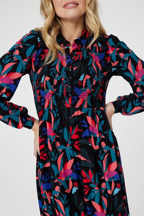 Black Leaf Print Smocked Shirt Dress