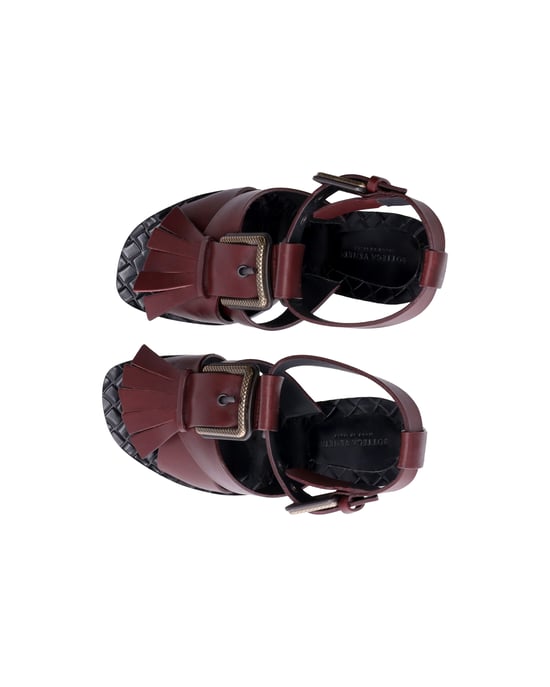 Bottega Veneta Fransen-Schnallen T-Riemen Blockabsatz-Sandalen aus bordeauxrotem Leder - Image 5