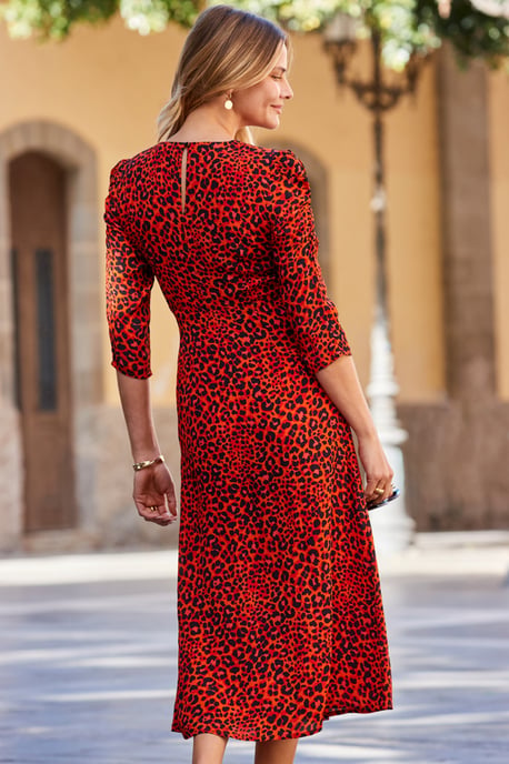 Orange & Black Animal Print Ruched Shoulder Midi Dress