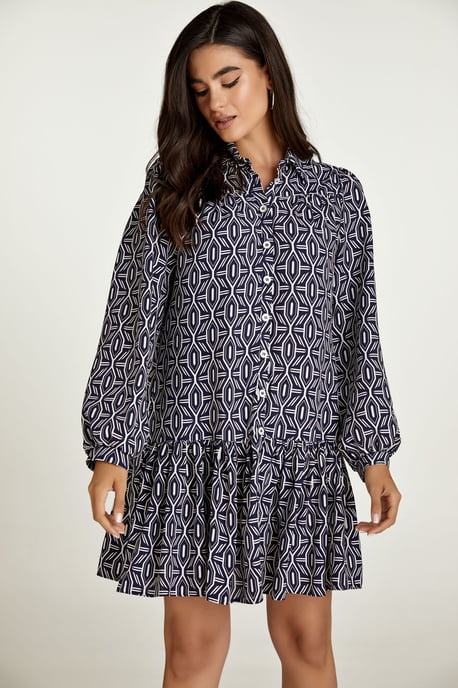 Marineblaues und weißes Print-Kleid mit Knöpfen - Image 3