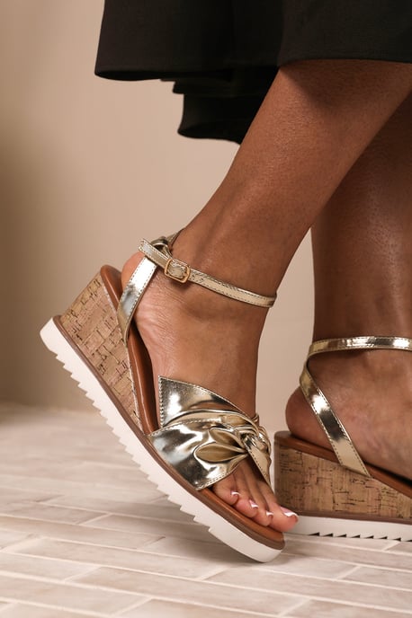 Wheres That From Womens 'Qween' Wide Fit Knot Detail Wedge Shoes With Buckle Ankle Strap