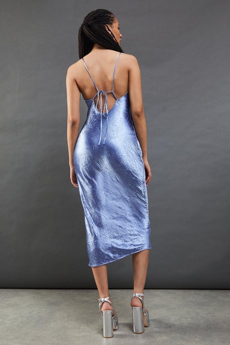 Premium Crinkle Satin V Neck Strappy Back Midaxi Slip Dress