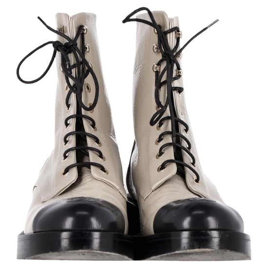 Chanel CC Interlocking Logo Combat Lace-Up Boots in Beige Calfskin Leather