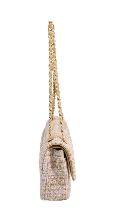 Chanel Classic Flap Shoulder Bag with Gold Tone Metal in Pastel Pink Tweed and Leather