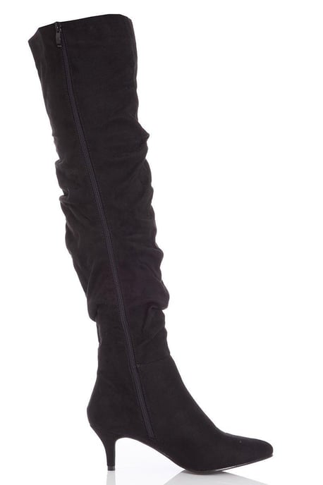 Black Faux Suede Knee High Heel Boots