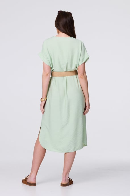 Green V-Neck Short Sleeve Belted Tunic Dress