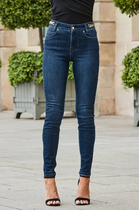 Dark Indigo Gold Chain Detail Skinny Jeans