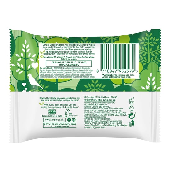 Simple Regeneration Age-Resisting Cleansing Wipes with Green Tea Goodness, 3Pack