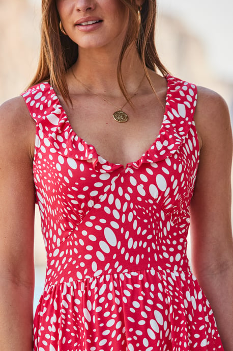 Red & White Spot Print Ruffle Hem Fit & Flare Jersey Dress