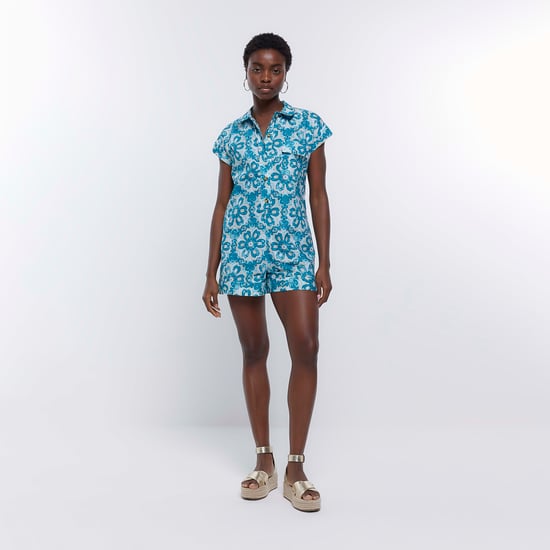 River Island Womens Playsuit Blue Aztec Short Sleeve