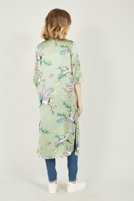 Yumi Khaki Green Satin Crane Kimono