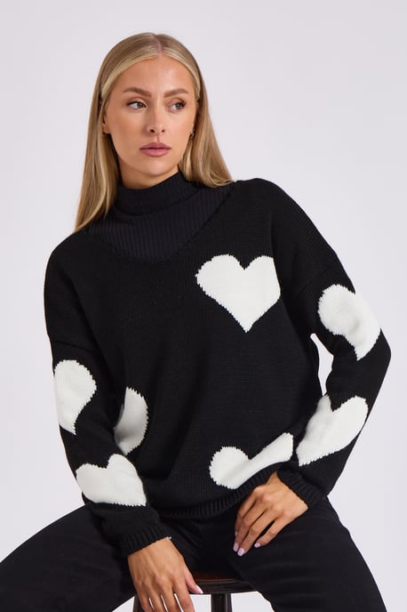 Black V Neck Oversized Heart Knit Jumper