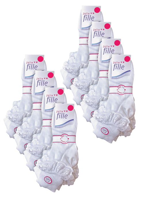 24 Paar Mädchenspitze Socken Multipack | Hübsche Baumwoll-Söckchen mit Rüsche in Weiß | Ideal für die Schuluniform - Weiß - Image 2