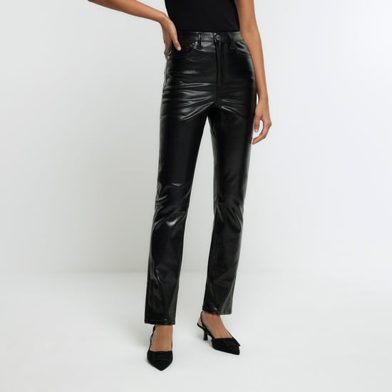 River Island Womens Straight Jeans Black High Waisted Slim Coated