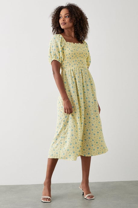 Yellow Ditsy Floral Shirred Midi Dress - Image 1