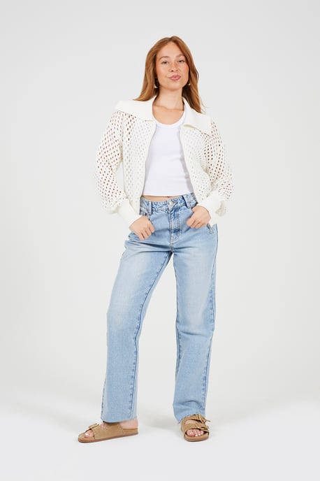 White Crochet Knit Zip Through Cardigan