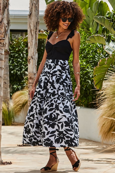 Black & White Floral Print Midi Skirt