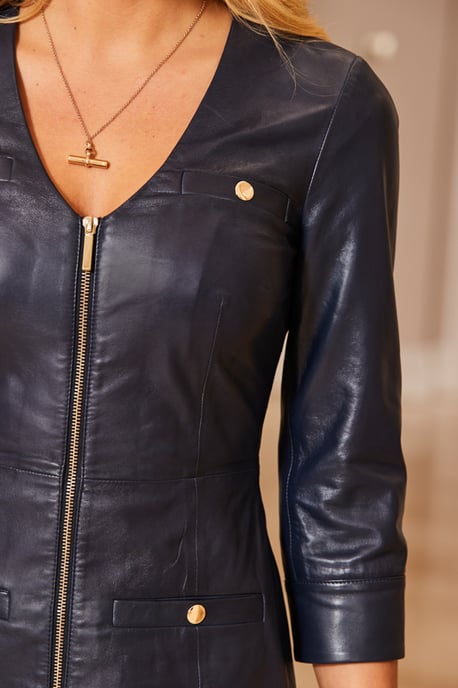 Navy Blue Leather Fit & Flare Dress With Gold Detail