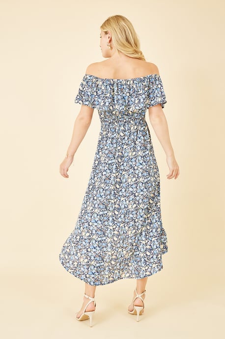 Blue Floral Ditsy Bardot Midi Dress