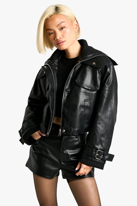 Rib Detail Faux Leather Bomber Jacket - Image 1