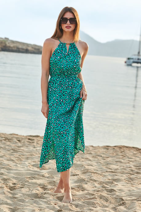 Emerald Green Animal Print Keyhole Detail Midi Dress