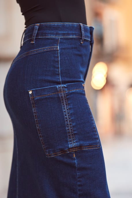 Dark Indigo Denim Cargo Midi Skirt