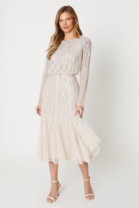 Linear Sequin Embellished Long Sleeve Midi Dress - Image 1