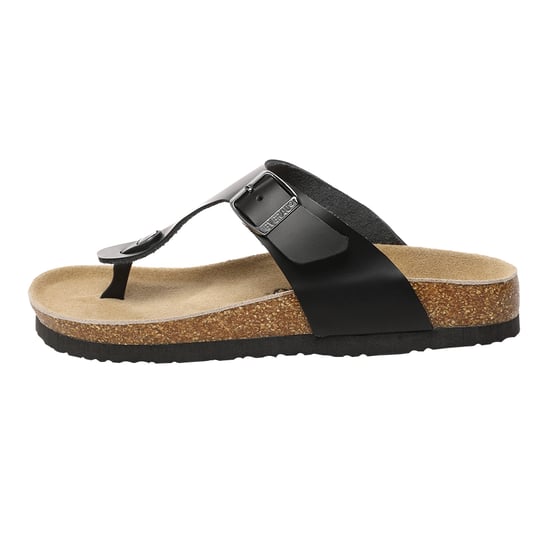 EVER AU Women Flamingo Leather Toe Thong Sandals - Black Leather