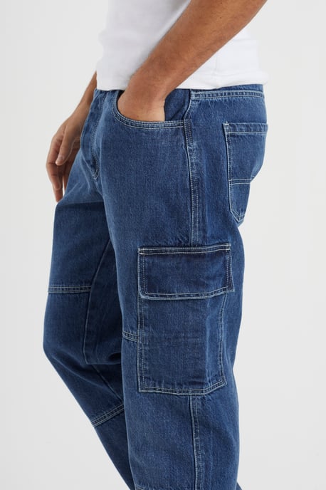 Mid Blue Loose Fit Cargo Style Denim Jeans - Image 4