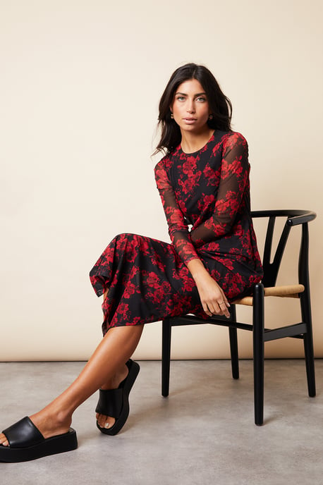 Black 'Blooming' Printed Long Sleeve Mesh Midi Dress
