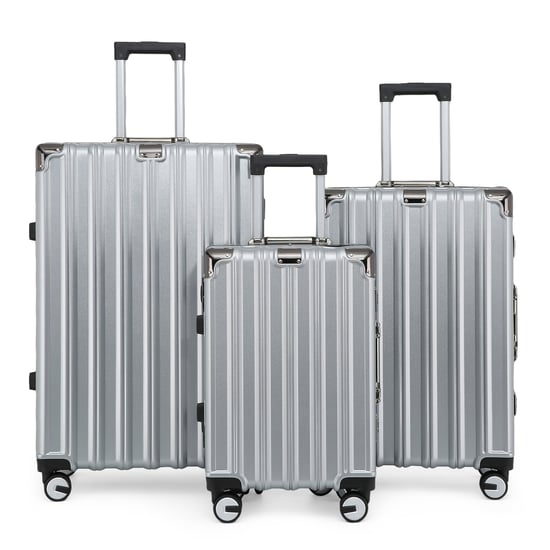 Hardshell Silver Suitcase Set Robust 8 Wheel Luggage Cabin Case Bag