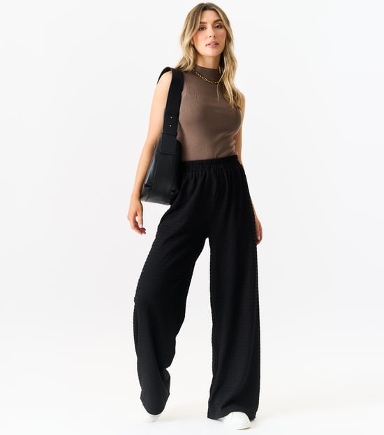 Textured Elastic Waist Pull On Trousers