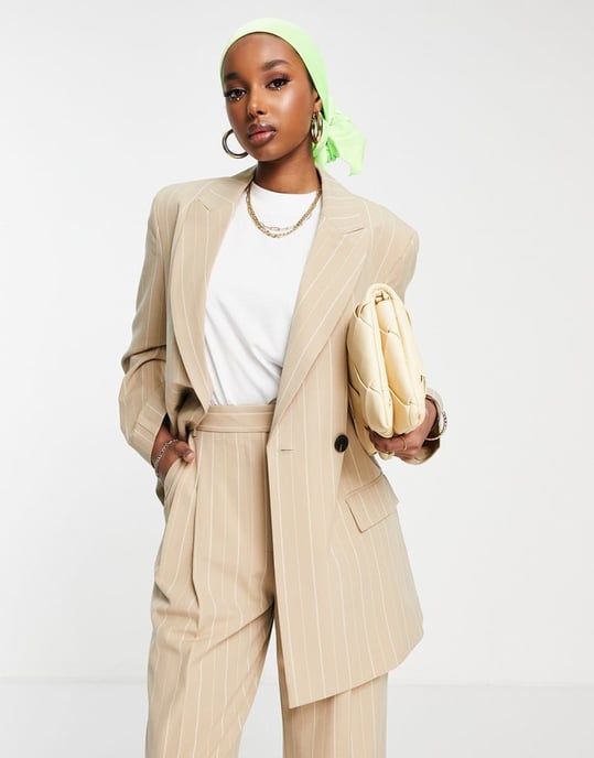 ASOS DESIGN asymetric suit blazer in pinstripe camel-Blonde