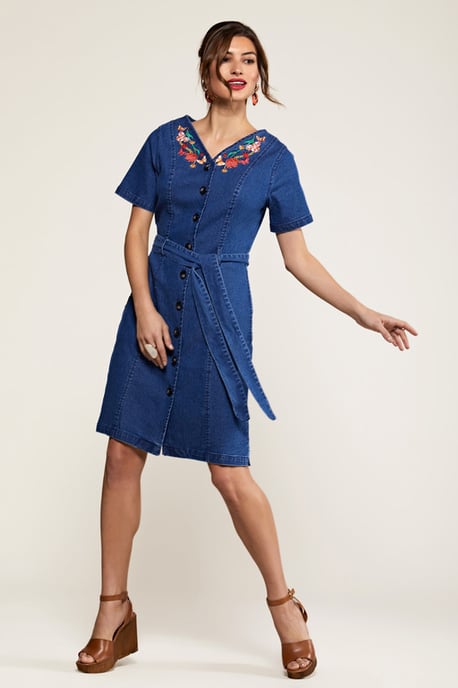 Blue Butterfly Embroidered Denim Shirt Dress
