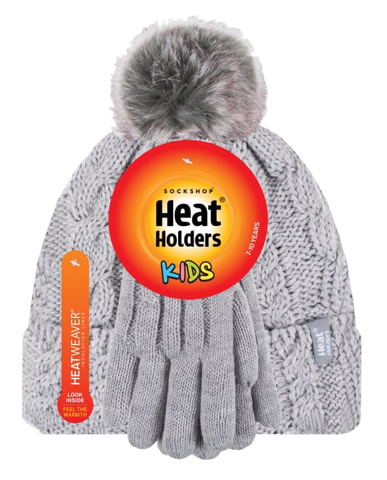 Wärmehalter - Set aus Bommelmütze und Handschuhen für Mädchen | Mütze mit umgeschlagener Manschette und Kabelstrickhandschuhe - Frostgrau meliert - Image 2