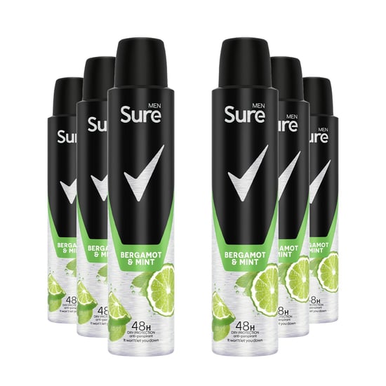 Sure Men Deodorant Spray Bergamot & Mint with 48Hrs Protection 200ml, 6 Pack