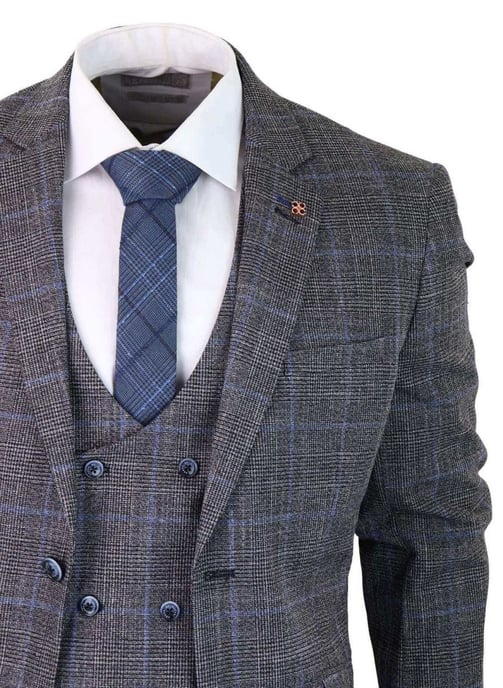 3-teiliger klassischer Tweed-Anzug für Herren im Vintage-Stil, Grau mit blauem Karomuster - Image 6
