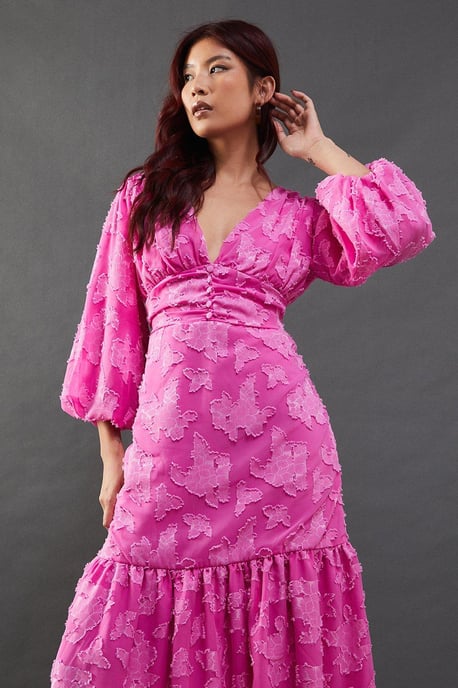 Burnout Chiffon Plunge Neck Ruched Bodice Peplum Midi Dress - Image 5