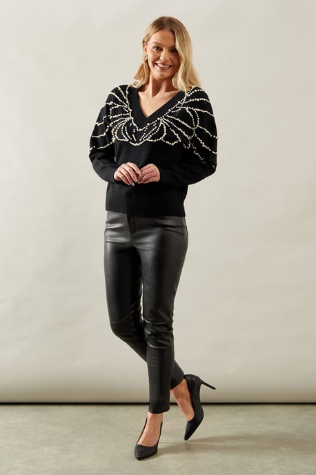 Pearl Embellished V Neck Knitted Jumper