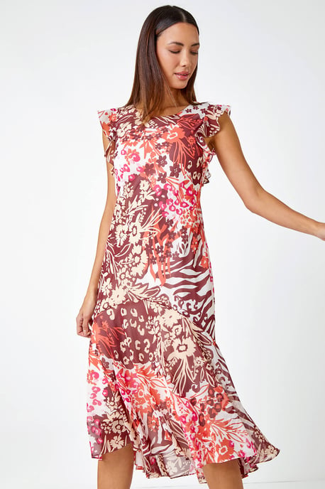 Floral Print Frill Detail Midi Dress