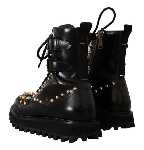 Dolce & Gabbana Men's Black Leather Crystal Embellished Boots Shoes