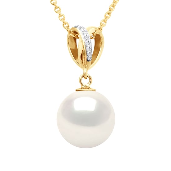 Pendant Double Knot - Diamonds 0,03 Cts - Yellow Gold - Real Cultured Freshwater Pearl Round 10-11 mm