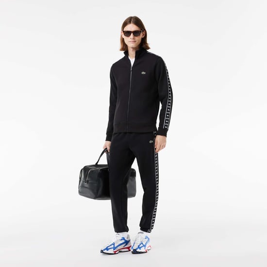 Men's Lacoste Logo Stripe Zipped Jogger Sweatshirt in Black